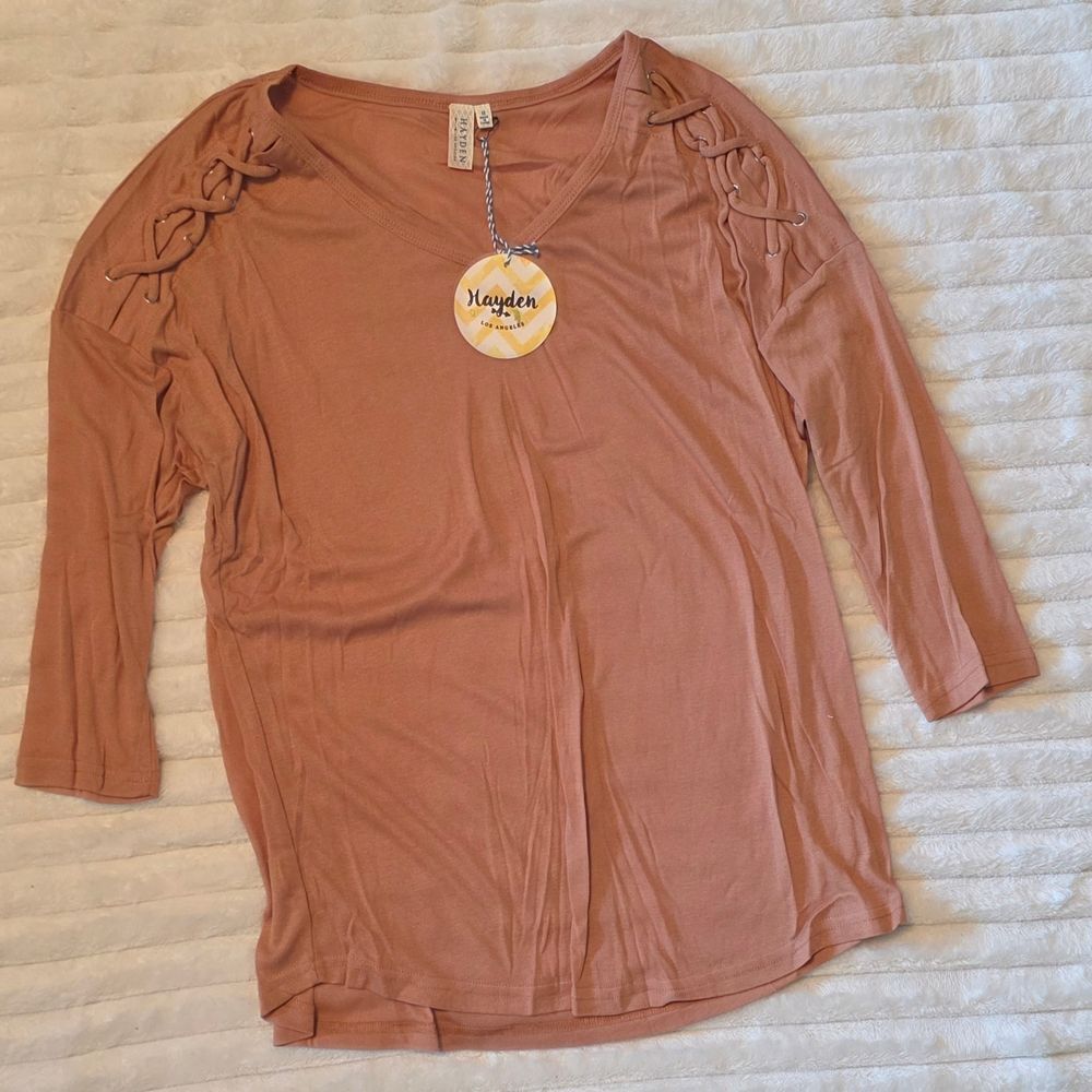 Hayden Mauve Lace-Up Shoulder Long Sleeve Tee; Medium